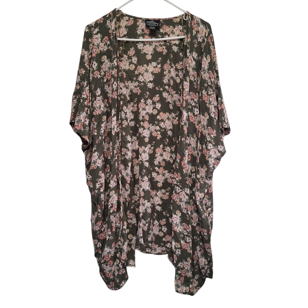 Angie Olive Green Floral Open Front Boho Waterfall Kimono Cardigan, Sz L